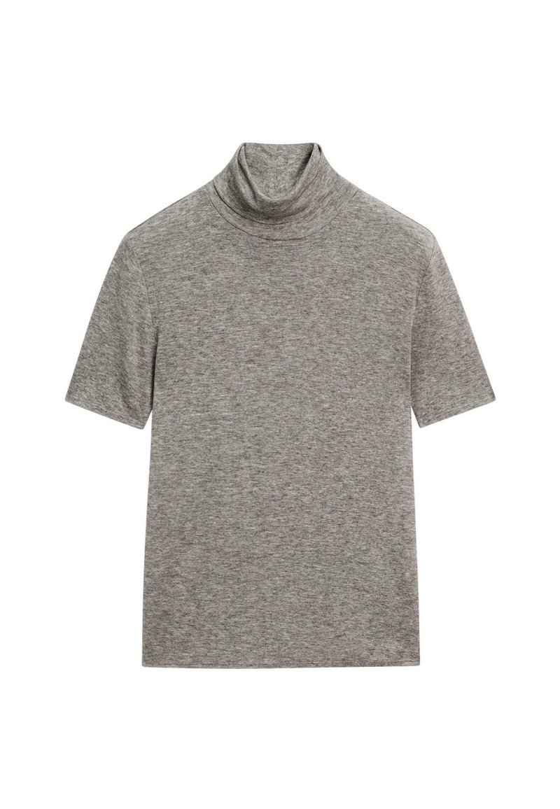 Light gray short-sleeve turtleneck top made of soft fabric, featuring a fitted neck and smooth texture, with minimal stitching details.