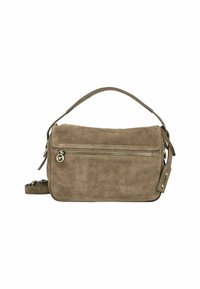 Sac à main en daim marron avec une poignée supérieure, poche zippée à l'avant avec tirette en métal, et bandoulière réglable avec détails en clous.