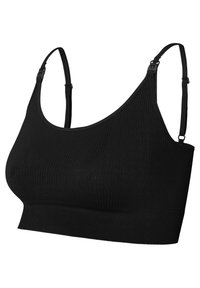 Svart ribbad bralette med justerbara remmar och bredt band. Mjuk tygtextur och sömlös design för komfort och stöd.