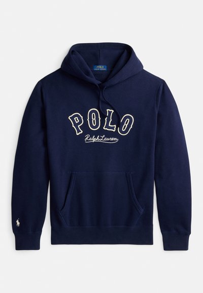 Sweatshirt com capuz azul-marinho com bolso frontal, "POLO Ralph Lauren" bordado no peito e pequeno logótipo no punho esquerdo.
