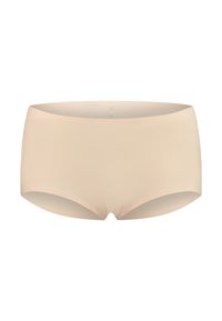 Beige naadloze shorts van een zachte, rekbare stof. Heeft een low-rise ontwerp en gladde randen voor comfort en minimale zichtbaarheid.