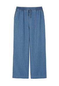 Pantaloni din denim de culoare albastru deschis, cu talie elastică, închidere cu șnur, picioare largi și buzunare laterale. Textură netedă, design casual.