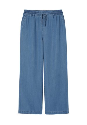 Jasnoniebieskie dżinsowe spodnie z elastyczną talią, związywanym zapięciem, szerokimi nogawkami i bocznymi kieszeniami. Gładka faktura, casualowy design.