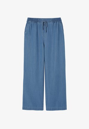 Pantaloni in denim azzurro chiaro con vita elastica, chiusura con coulisse, gambe larghe e tasche laterali. Texture liscia, design casual.