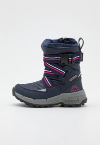 Navy winter boot with faux fur cuff, adjustable straps in pink and gray, rugged gray sole, and Kappa logo detail on the side.