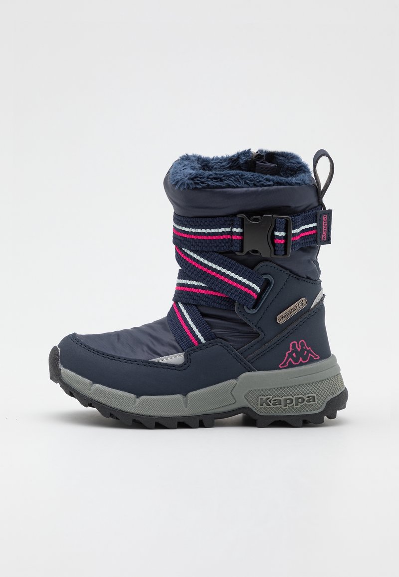 Navy winter boot with faux fur cuff, adjustable straps in pink and gray, rugged gray sole, and Kappa logo detail on the side.