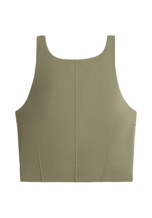 Mouwloos, olijfgroen cropped tanktop met brede schouderbanden en zichtbare naden aan de voorkant en zijkanten.