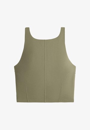 Ärmelloses, olivgrünes, bauchfreies Tanktop mit breiten Schulterträgern und sichtbaren Nahtdetails vorne und an den Seiten.