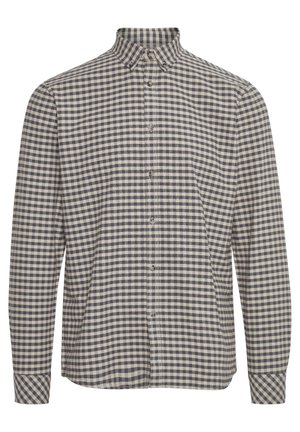 Ilgi piedurkņu pogātā krekls krēmkrāsā un tumši ziliem rūtiņām, ar klasisku apkakli un pogu aizdari gar priekšpusi.