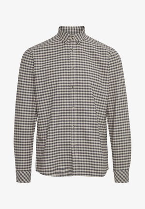 Long-sleeve button-up shirt in cream and navy gingham pattern, featuring a classic collar and button closure along the front.