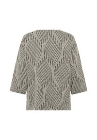 Top grigio in maglia con un motivo a onde nero, maniche corte e una vestibilità rilassata. La texture appare morbida con una leggera elasticità.