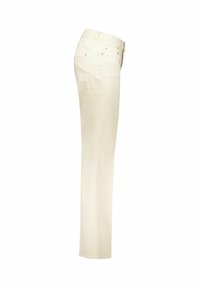 Beige slim-fit broek met voor- en achterzakken, riemlussen en een rechte pijp, zijaanzicht op een witte achtergrond.
