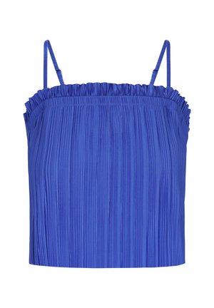 Zila plīvēta kūle ar viļņotu kakla izgriezumu un plānām regulējamām siksnām. Gluda tekstūra, īsa dizaina, piemērota slāņošanai vai siltam laikam.