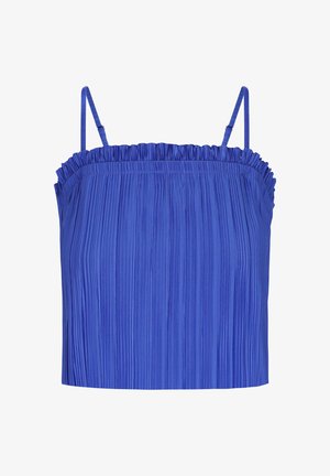 Camesol albastru, plisat, cu decolteu volanat și bretele subțiri ajustabile. Textură netedă, design scurt, potrivit pentru suprapunere sau vreme caldă.