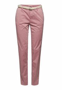 Pantalons en coton roses avec une coupe slim, dotés d'une ceinture tissée crème avec une boucle en métal circulaire. Texture lisse et sans motifs visibles.