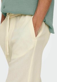 Pantalons légers de couleur crème, texturés, avec des poches latérales et une taille à cordon de serrage, associés à une chemise verte texturée.