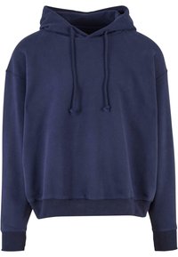 Felpa blu navy realizzata in cotone, con cappuccio regolabile, vestibilità ampia e polsini e orlo a coste. Tessuto liscio senza motivi.