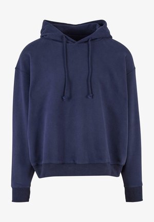 Hoodie bleu marine en coton, avec une capuche à cordon, coupe ample et poignets et ourlet côtelés. Texture lisse sans motifs.
