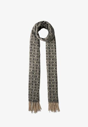 Long gray and black patterned knitted scarf with fringed ends, looped at the top against a white background.