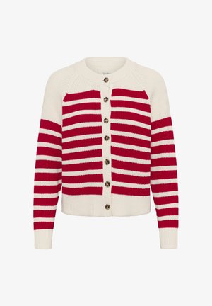 Knitted cardigan in cream with red stripes. Features a round neck, front button closure with brown buttons, and ribbed cuffs and hem.