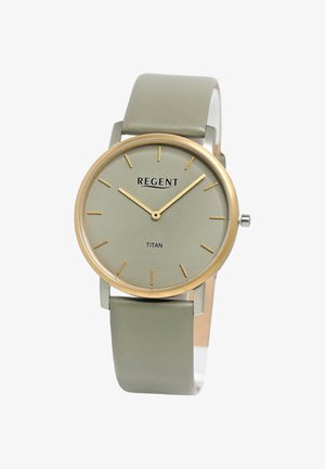 Montre-bracelet minimaliste avec un cadran et un bracelet gris, des marqueurs d'heure et des aiguilles dorés, et une lunette ton or, affichant la marque "Regent Titan".