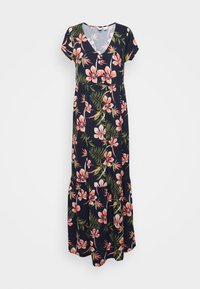 Robe longue fleurie en bleu marine foncé avec des motifs floraux roses et verts. Elle présente des manches courtes, un col en V et un bas à volants. Fabriquée en tissu léger.