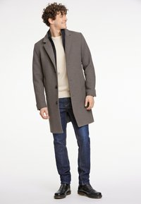 Cappotto grigio in misto lana con colletto a punte, chiusura con bottoni e tasche laterali, indossato sopra un maglione beige e abbinato a jeans in denim blu.