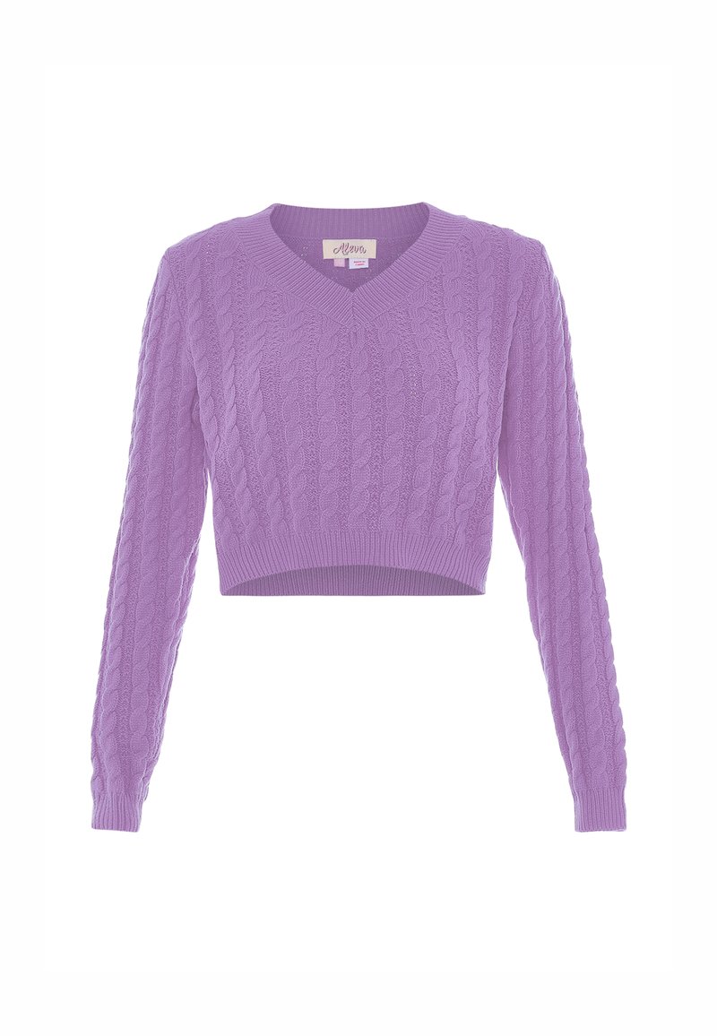 Crochet-tyylinen, lyhyt villapaita vaaleanliilassa, jossa on V-mallinen kaula-aukko ja pitkät hihat, joissa on resorit. Koko vaatteessa on tekstuuri neulekuvio.