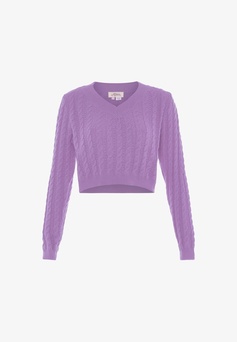 Pull court en crochet de couleur lilas, avec un col en V et des manches longues à poignets et ourlet en côte. Motif tricoté texturé sur l'ensemble.
