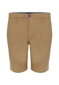 Shorts khaki en coton mélangé, doté d'une fermeture à bouton, de passants de ceinture et d'une coupe droite. L'intérieur est orné d'un motif à pois.