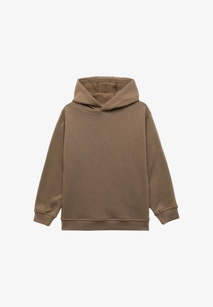 Felpa con cappuccio marrone realizzata in materiale morbido, caratterizzata da una vestibilità ampia, polsini e orlo a coste, con un design minimalista e senza fantasie.