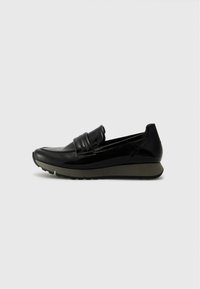 Black leather loafer-style shoe with sleek design, rounded toe, and textured accents; features a flexible gray sole for comfort.