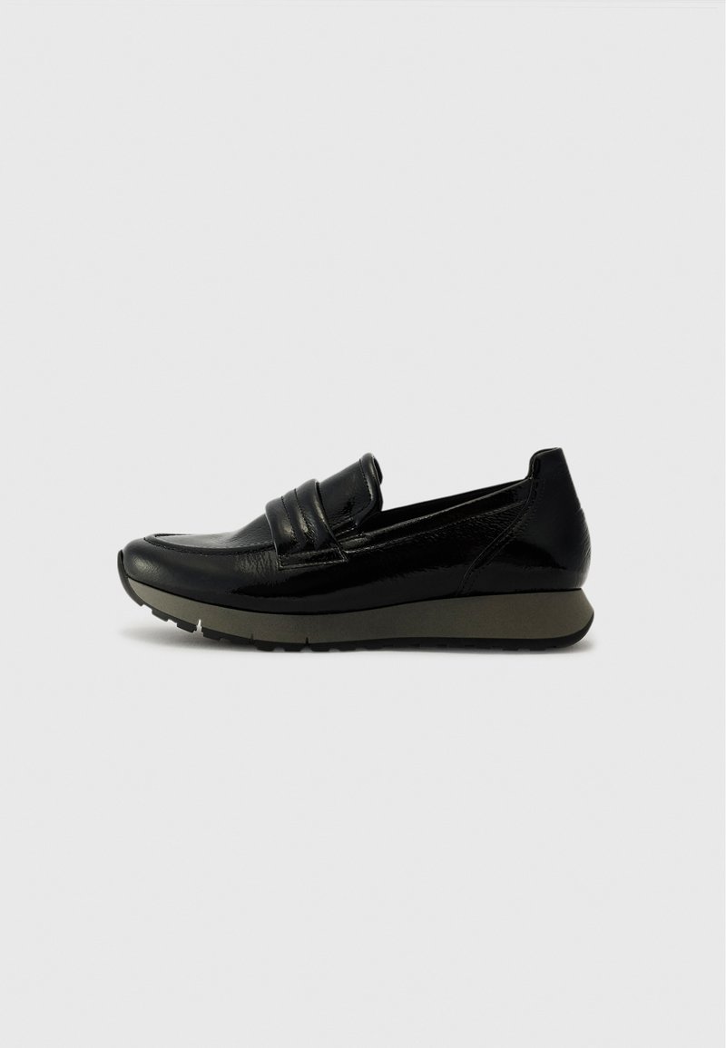Black leather loafer-style shoe with sleek design, rounded toe, and textured accents; features a flexible gray sole for comfort.