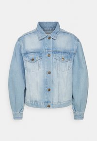 Light blue denim jacket with a collared neck, front button closure, two chest pockets, and subtle stitching details on the shoulders.