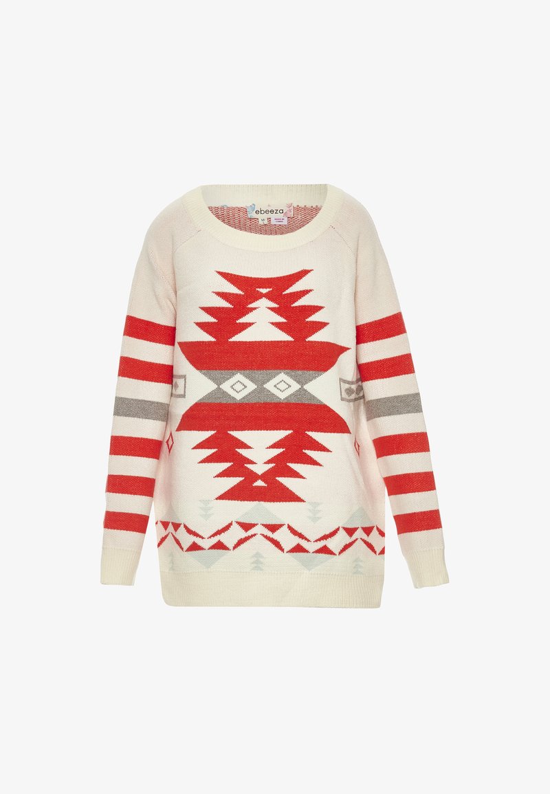 Cremfarbener Pullover mit roten und grauen geometrischen Mustern, langen Ärmeln und rundem Ausschnitt. Eigenschaften: horizontale Streifen und dekorative Motive am Saum.