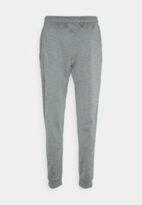 Světlé šedé sportovní kalhoty vyrobené z měkké tkaniny, s designem zúžených nohavic, elastickým pasem a bočními kapsami pro pohodlí.