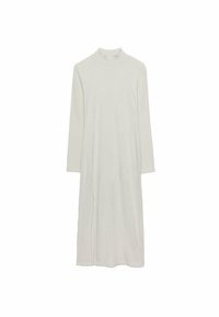 Robe à col roulé à manches longues, côtelée, en gris clair avec une fente latérale. Réalisée en matériau doux et texturé, elle présente une coupe droite.