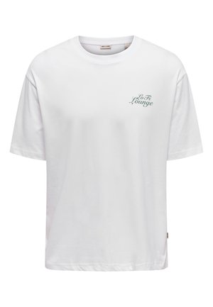 White short-sleeve crew neck T-shirt with "Lo Fi Lounge" text in small green script on the left chest.