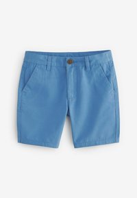 Shorts en coton bleu avec un devant plat, deux poches latérales et une fermeture à bouton marron. Caractérisés par une texture lisse et un design ajusté.