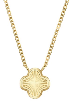 Gouden ketting met een hanger in de vorm van een vierbladige klaver die een zonnestraalpatroon in het midden heeft.