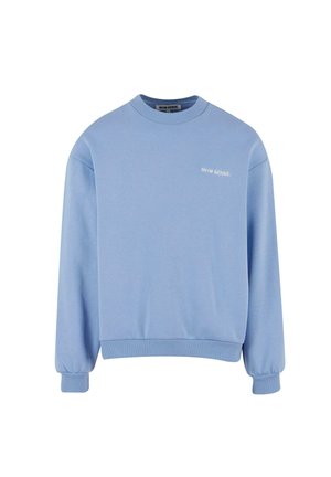 Helles blaues Sweatshirt aus weichem Stoff, mit Rundhalsausschnitt, gerippten Bündchen und Saum, sowie einem weißen, gestickten Logo auf der Vorderseite.