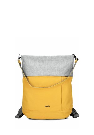 Zaino bicolore con fondo giallo, parte superiore grigia ripiegata, spallacci regolabili e piccolo logo "zwei" al centro anteriore.