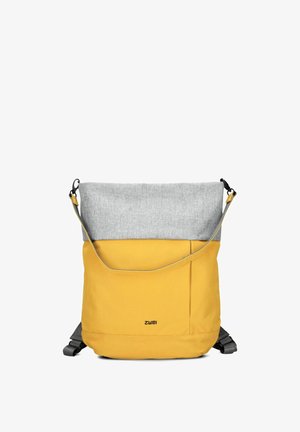 Zaino bicolore con fondo giallo, parte superiore grigia ripiegata, spallacci regolabili e piccolo logo "zwei" al centro anteriore.