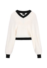 Maglione cropped color crema, con scollo a V nero e polsini a coste. Realizzato in morbido tessuto a maglia con una sottile texture.