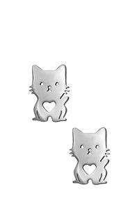 Zilveren oorbellen in de vorm van een kat met uitgesneden hartdetail. Glad oppervlak, eenvoudig ontwerp met twee ronde ooggaten en gestileerde snorharen.