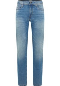 Jasnoniebieskie jeansy denimowe o prostym kroju, subtelnie wyprane, z pięcioma kieszeniami i kontrastującymi przeszyciami. Klasyczne zapięcie na guzik i zamek błyskawiczny.