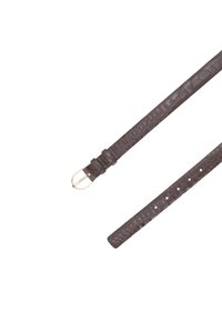 Dunkelbrauner Leder Gürtel mit Krokodilstruktur, goldener Schnalle und mehreren Einstelllöchern auf einem weißen Hintergrund.