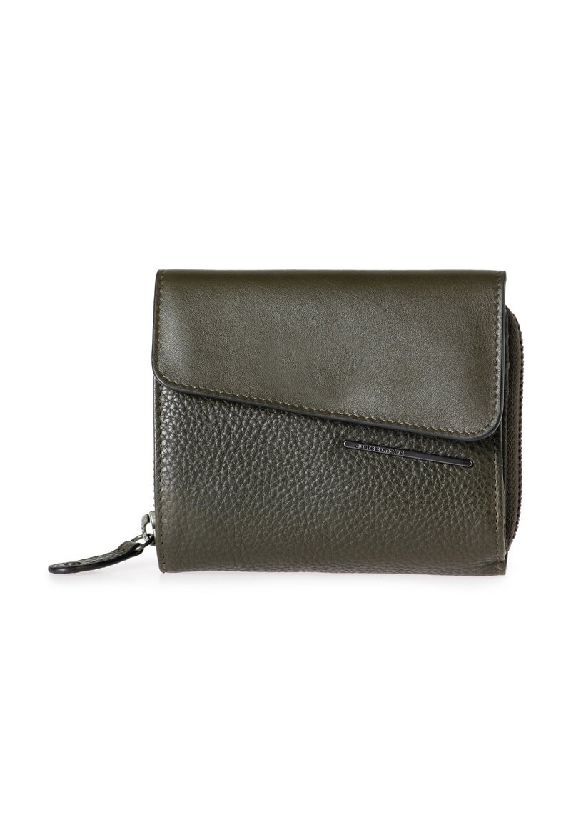 Portafoglio in pelle verde scuro con finitura texture, dotato di chiusura a pattina e compartimento con zip, accentuato da un dettaglio metallico con logo.