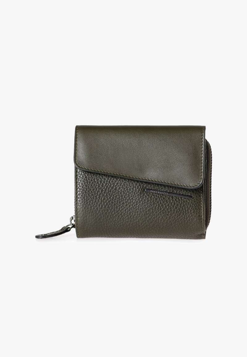 Portafoglio in pelle verde scuro con finitura texture, dotato di chiusura a pattina e compartimento con zip, accentuato da un dettaglio metallico con logo.