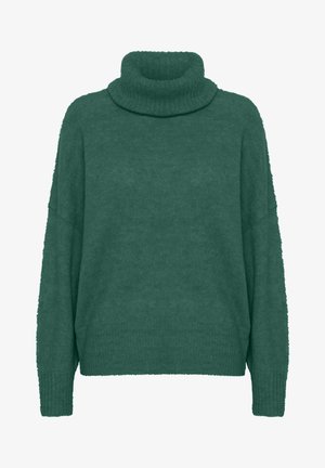 Tirkizni veliki pulover s visokim ovratnikom izrađen od mekanog pletiva. Ima rebraste manžetne i ovratnik, s opuštenim krojem i spuštenim šavovima na ramenima.